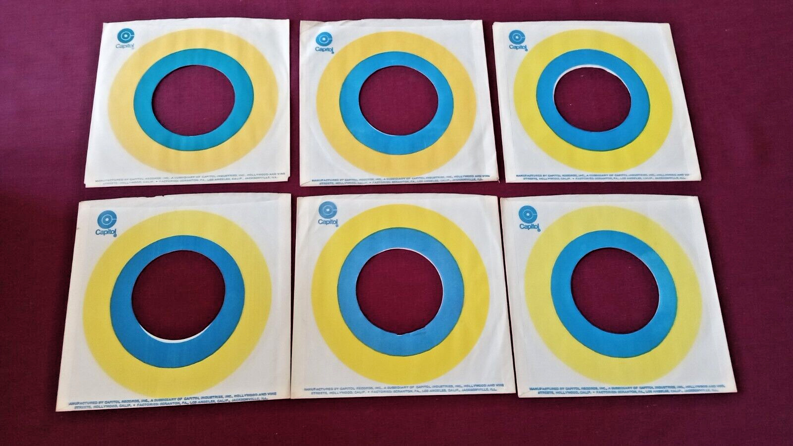 Lot of 6 CAPITOL Company Sleeves for 45 RPM RECORDS (Yellow/Blue Vintage 1970)