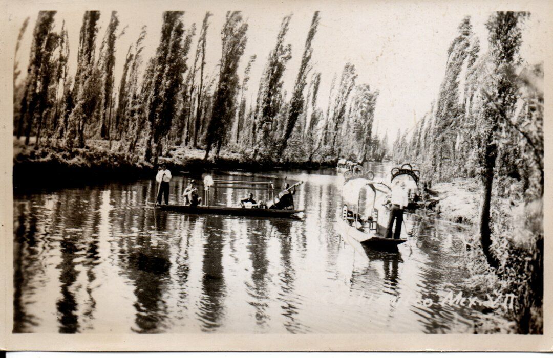 Xochimilco Mexico Canoe With Musicians Guitars & Bass Real Photo Postcard 1930s