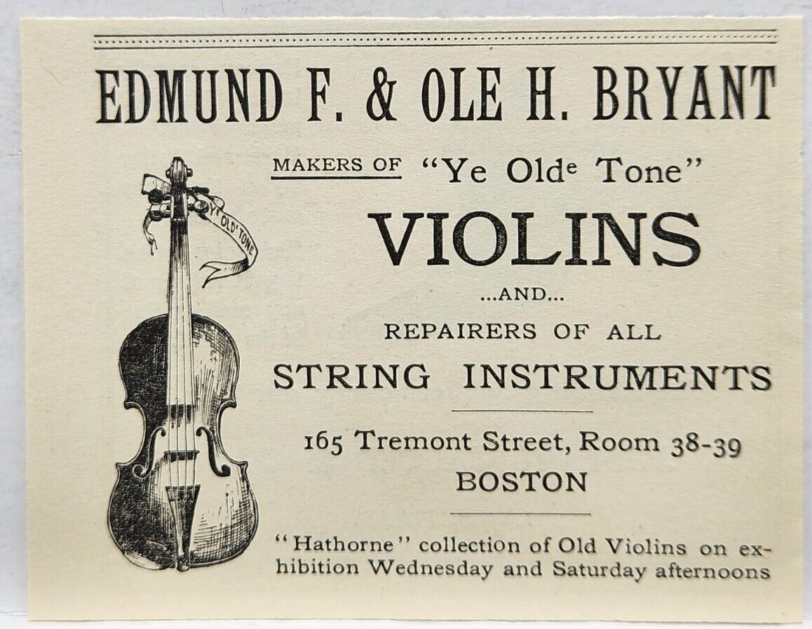 Vintage 1876 Edmund F &Ole H Bryant Violins Instruments Print Ad Boston Mass