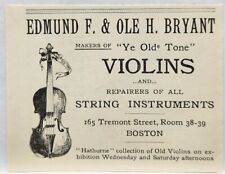 Vintage 1876 Edmund F &Ole H Bryant Violins Instruments Print Ad Boston Mass picture