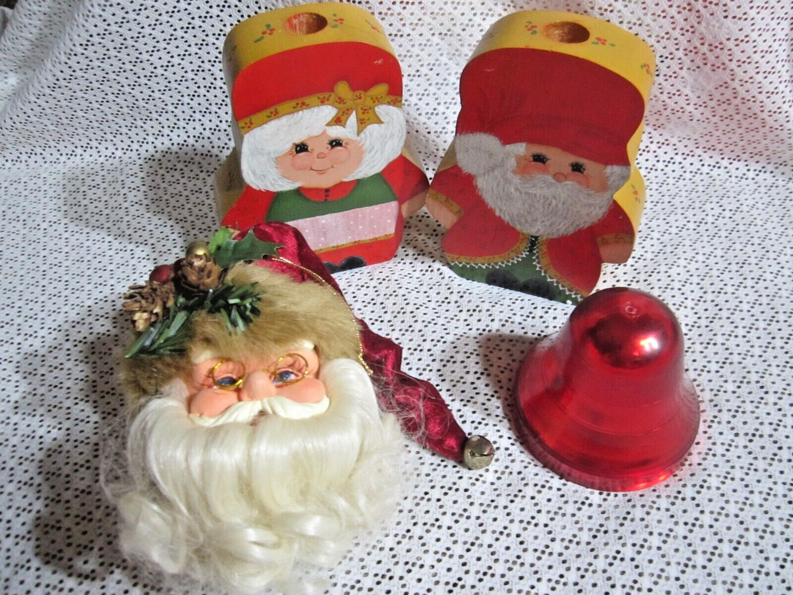 Vintage Lot Christmas Decorations Handmade Wood CandleHolders Santa Musical Bell