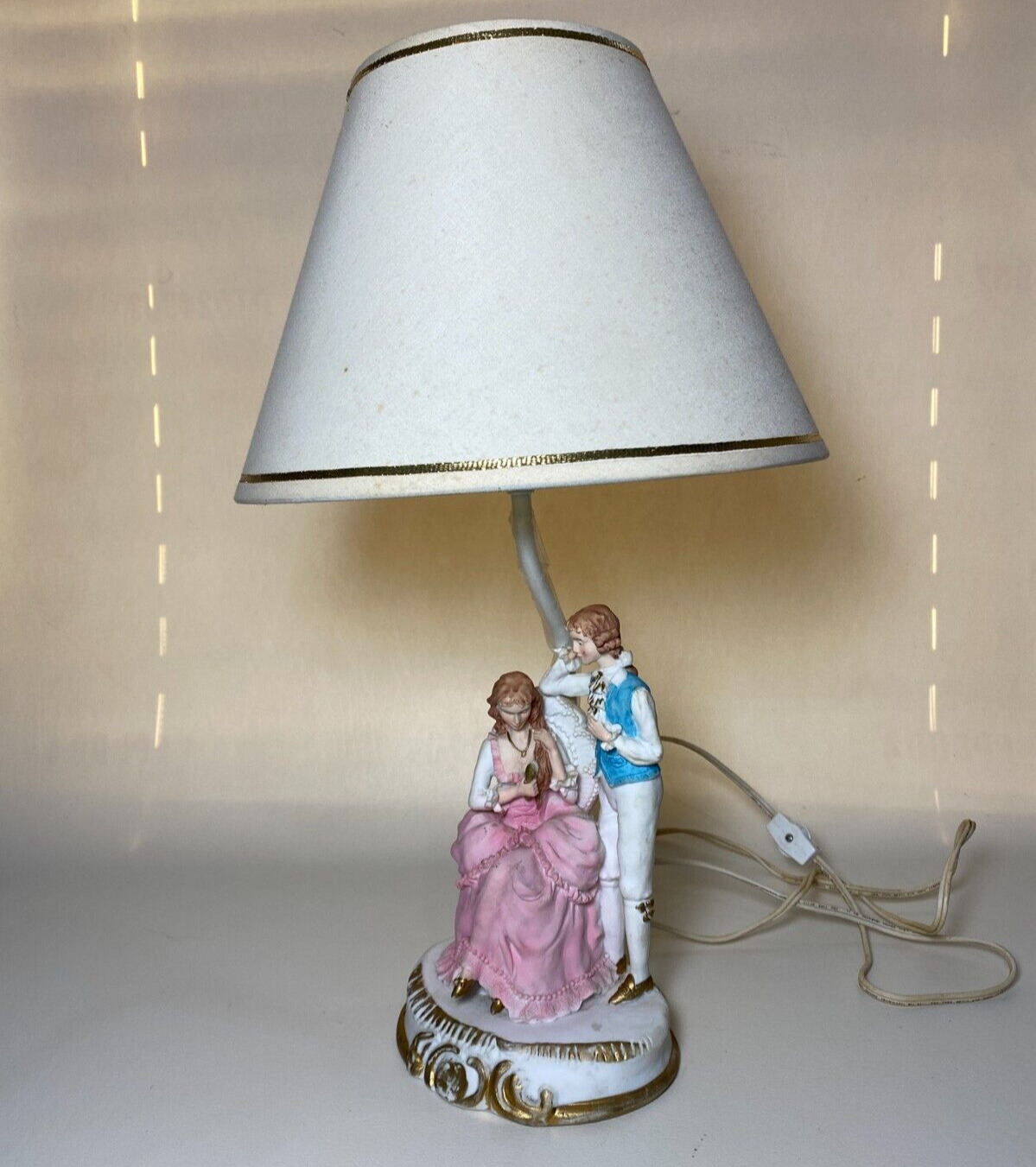 Vintage Ceramic Bisque Lamp Victorian Boy & Girl Pink Blue 19 1/4\