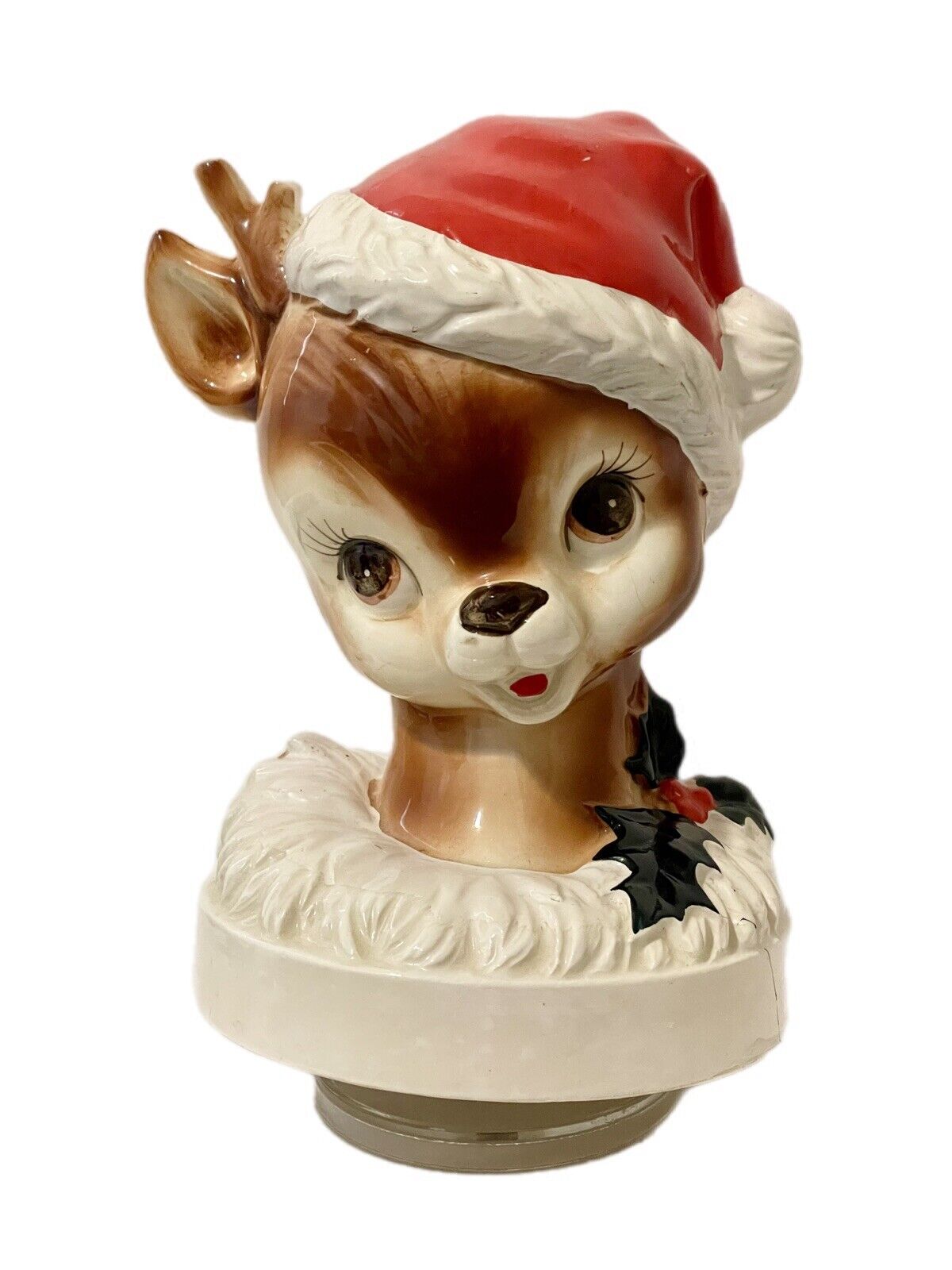 Vintage Christmas Rudolph Reindeer Berman Music Box Red Nose Santa Hat Figurine