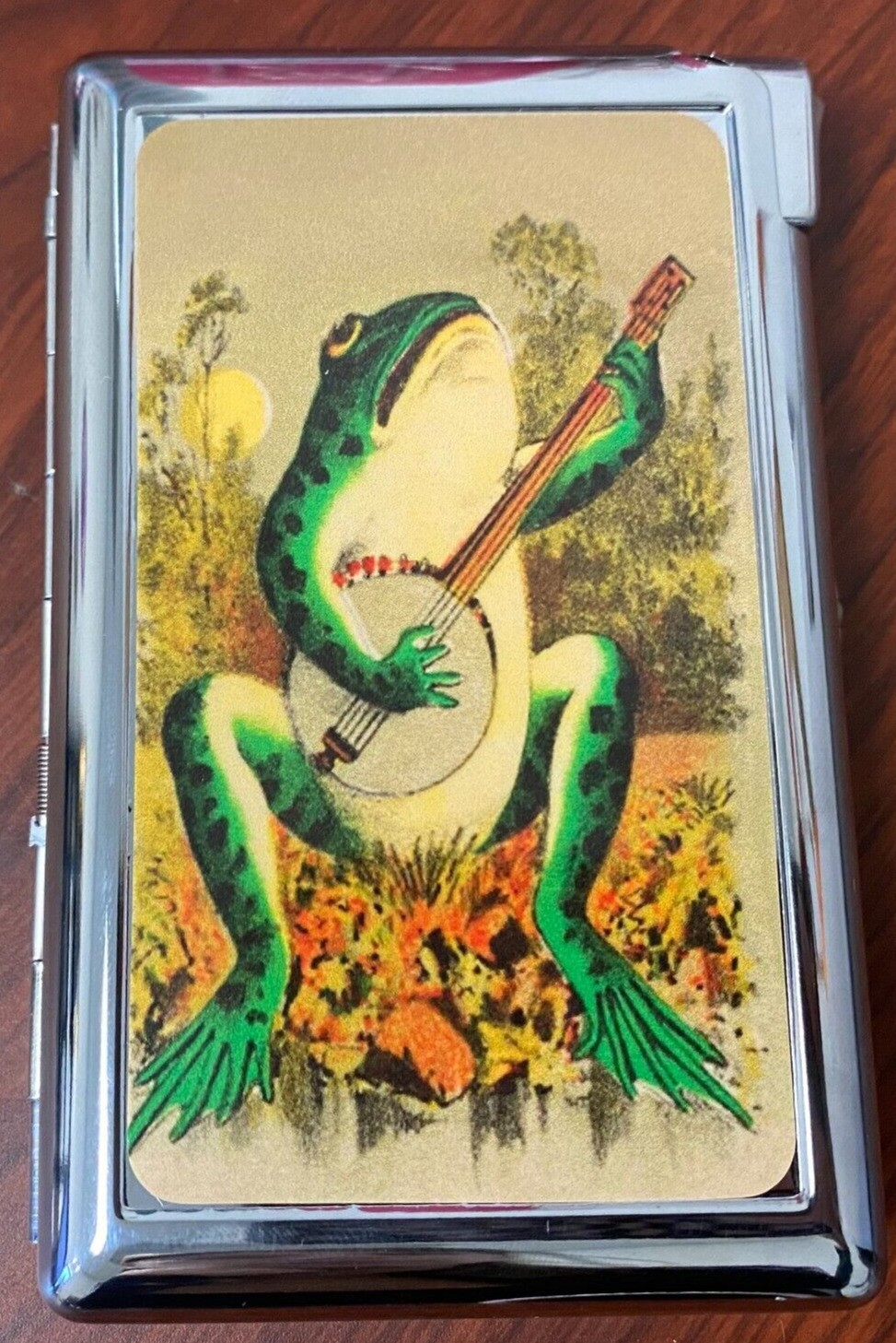 Vintage Banjo Frog on Skull Cigarette Case with lighter ID Holder Wallet