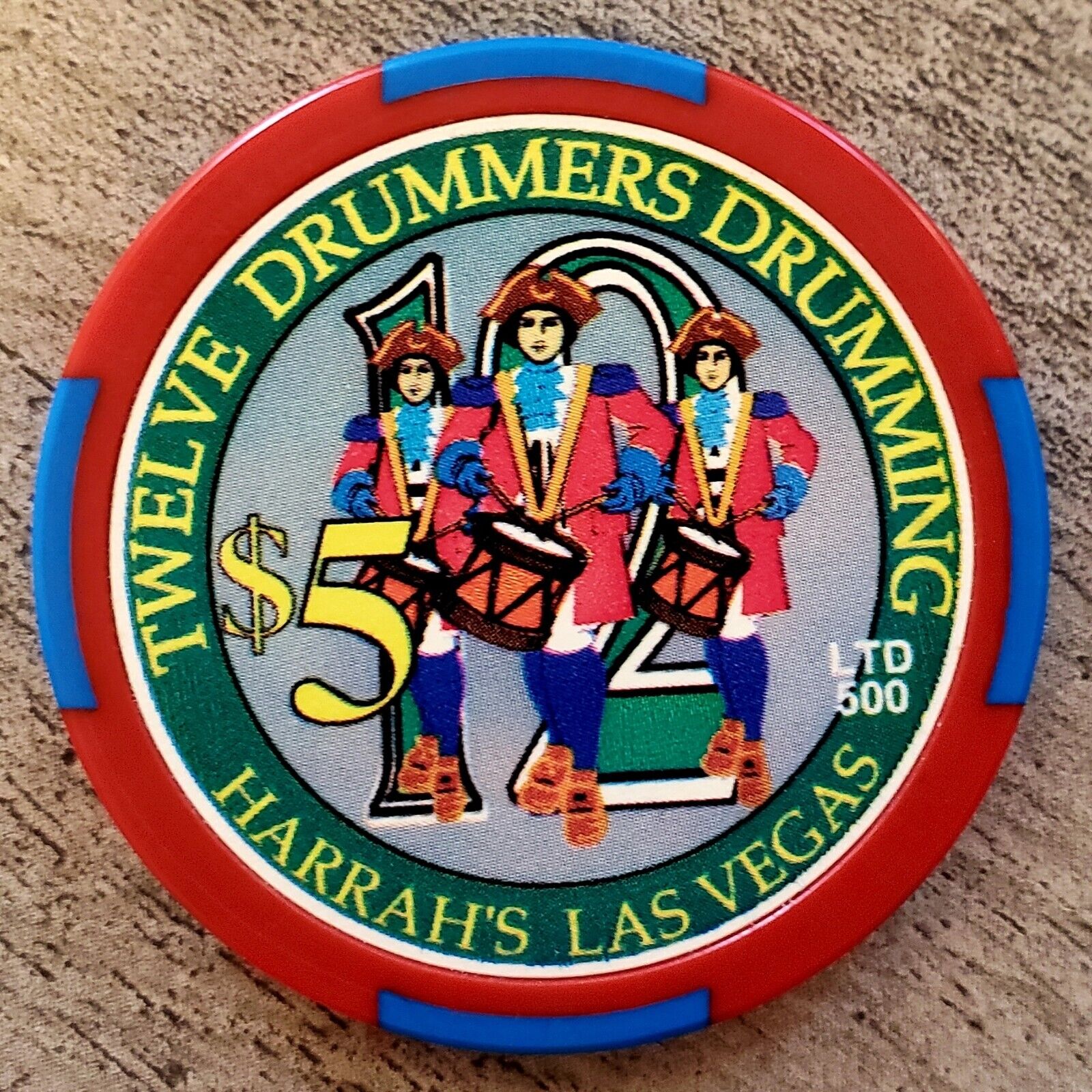 $5 Harrah\'s Twelve Drummers Drumming Casino Chip - Las Vegas, Nevada **LTD 500**