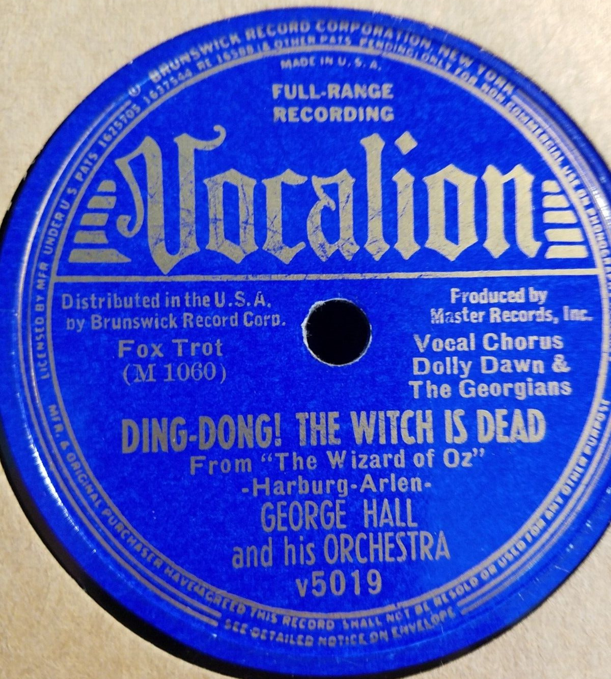 78RPM Vocalion 5019 George Hall, Wizard of Oz- Ding-Dong the Witch is Dead VV-V
