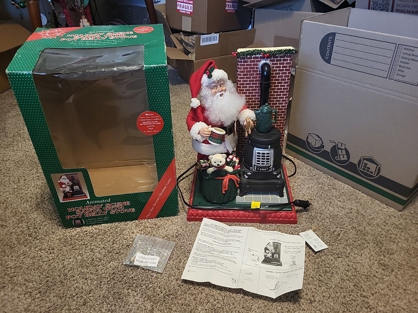 Vintage 94 Animated Holiday Scene Santa With Pot Belly Stove Musical Tested