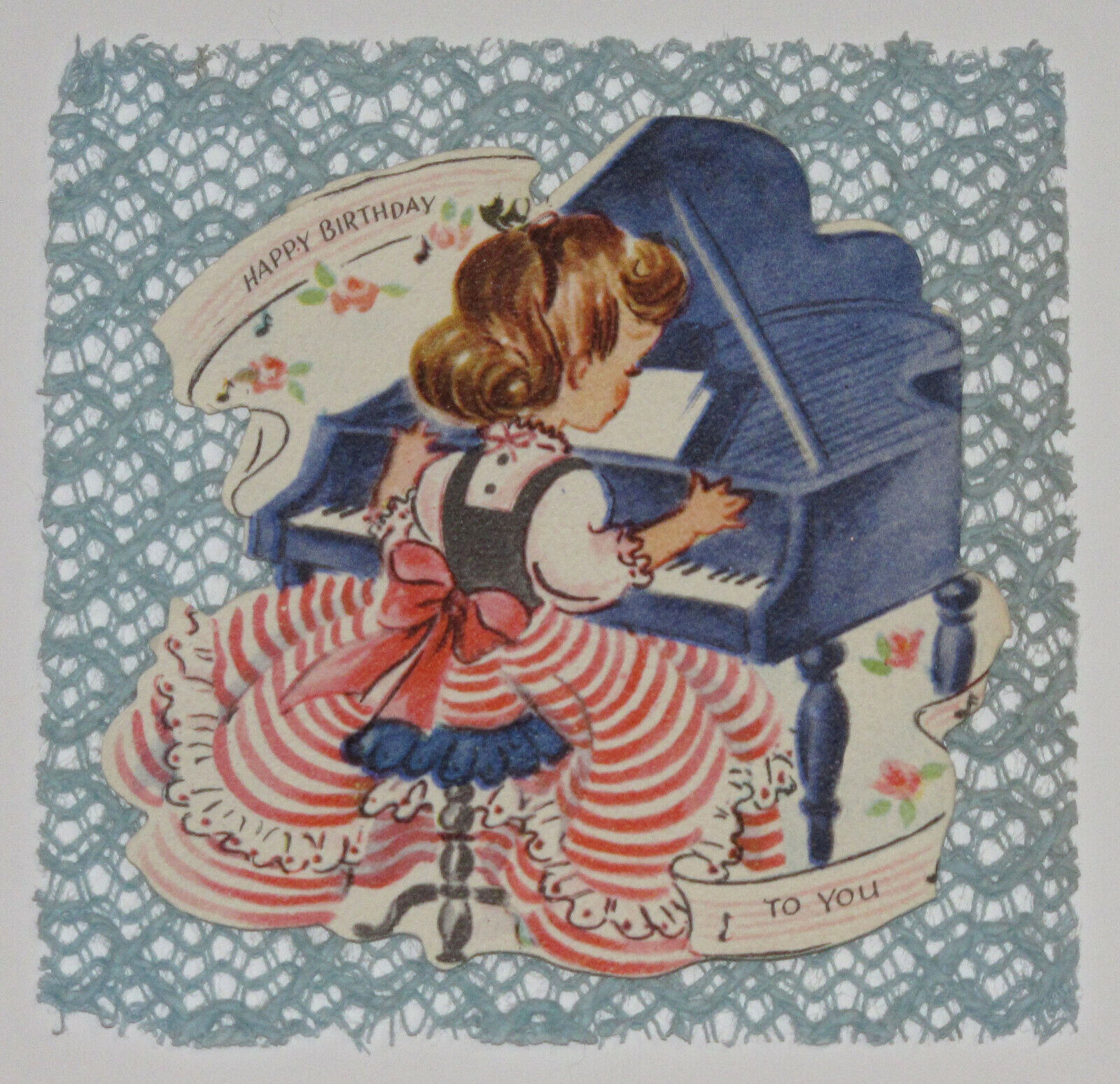 VINTAGE GREETING CARD DIE CUT LACE HAPPY BIRTHDAY GIRL PLAYING PIANO MUSIC NOTES