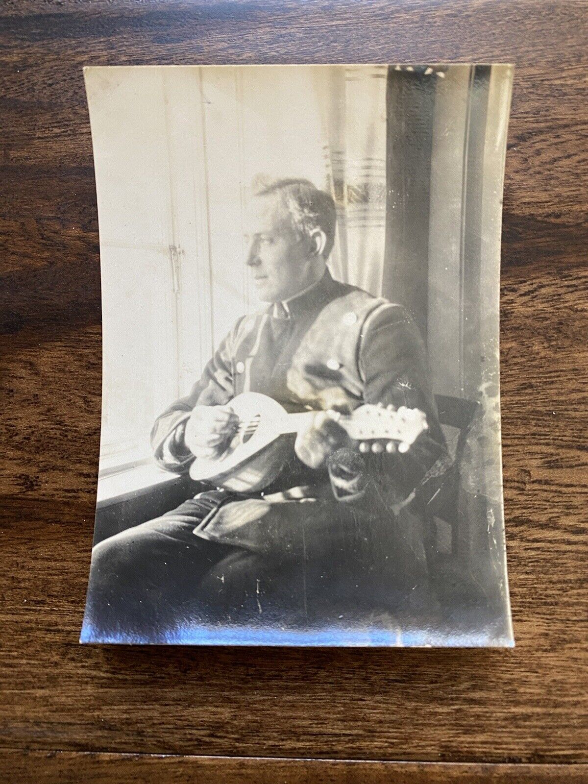 Mandolin Vintage Small Guitar Man Playing by Window Original Vintage Photo