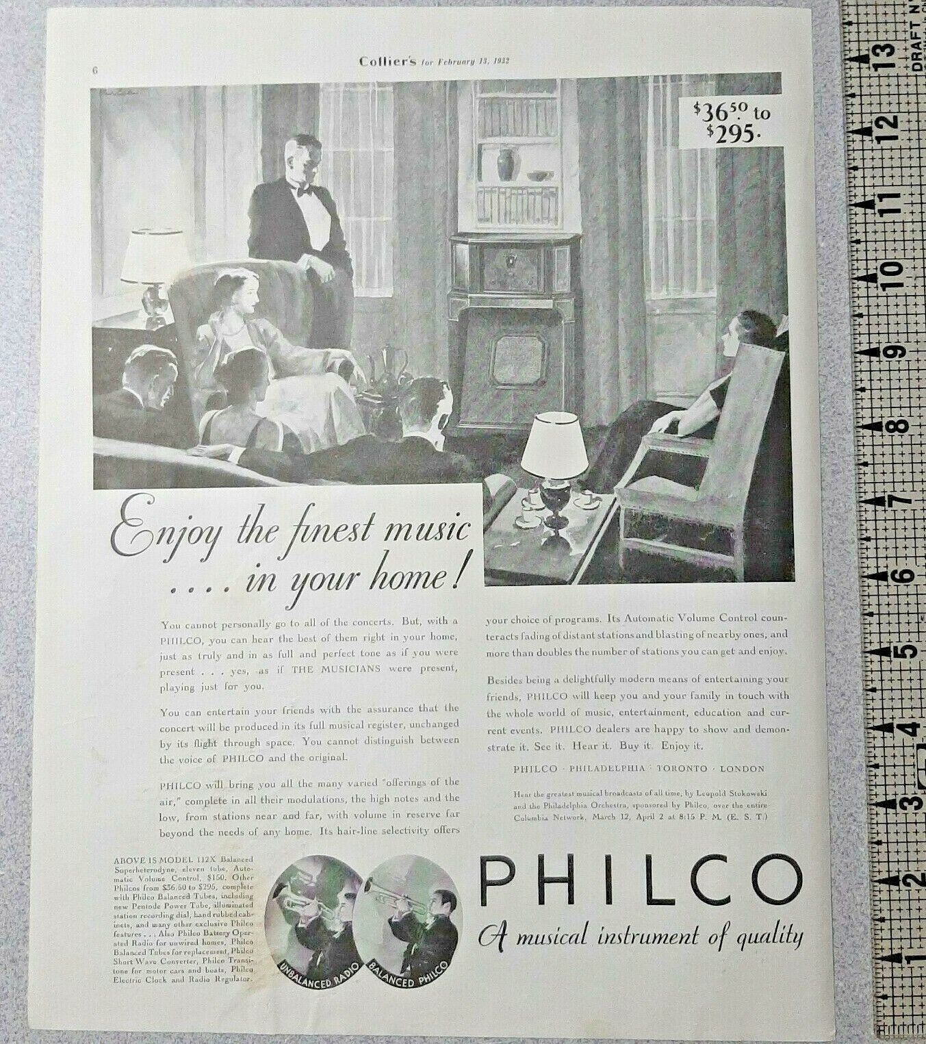1932 Philco Vintage Print Ad Radio Music Balanced Tubes Family Formal Home B&W