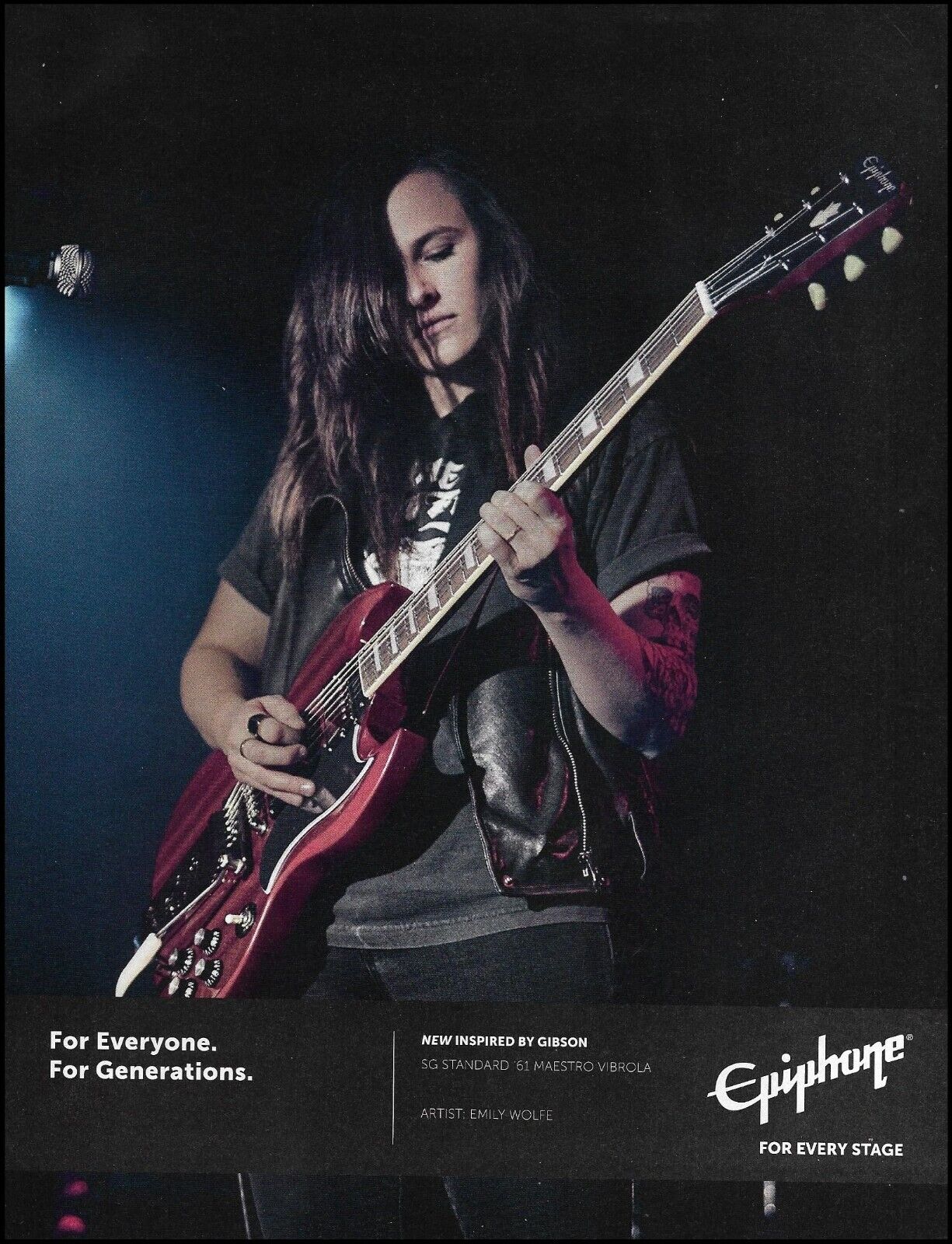 Emily Wolfe Epiphone SG Standard \'61 Maestro Vibrola guitar advertisement print