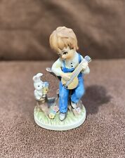 Pre Owned Vintage Napco Young Boy Playing Guitar W/ Rabbit Watching Figurine  picture