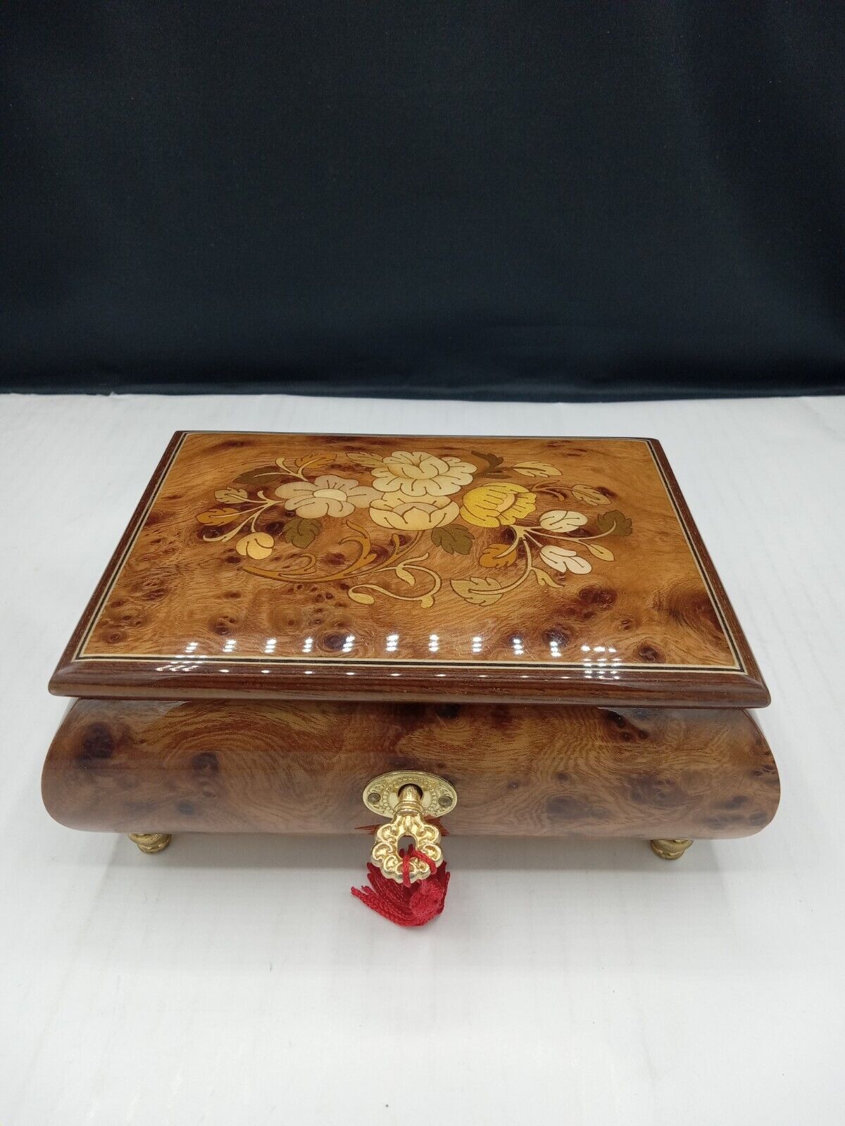 Vintage Wood Inlaid Music Jewelry Box Swiss Made Sold In GERMANY with Key Hand 