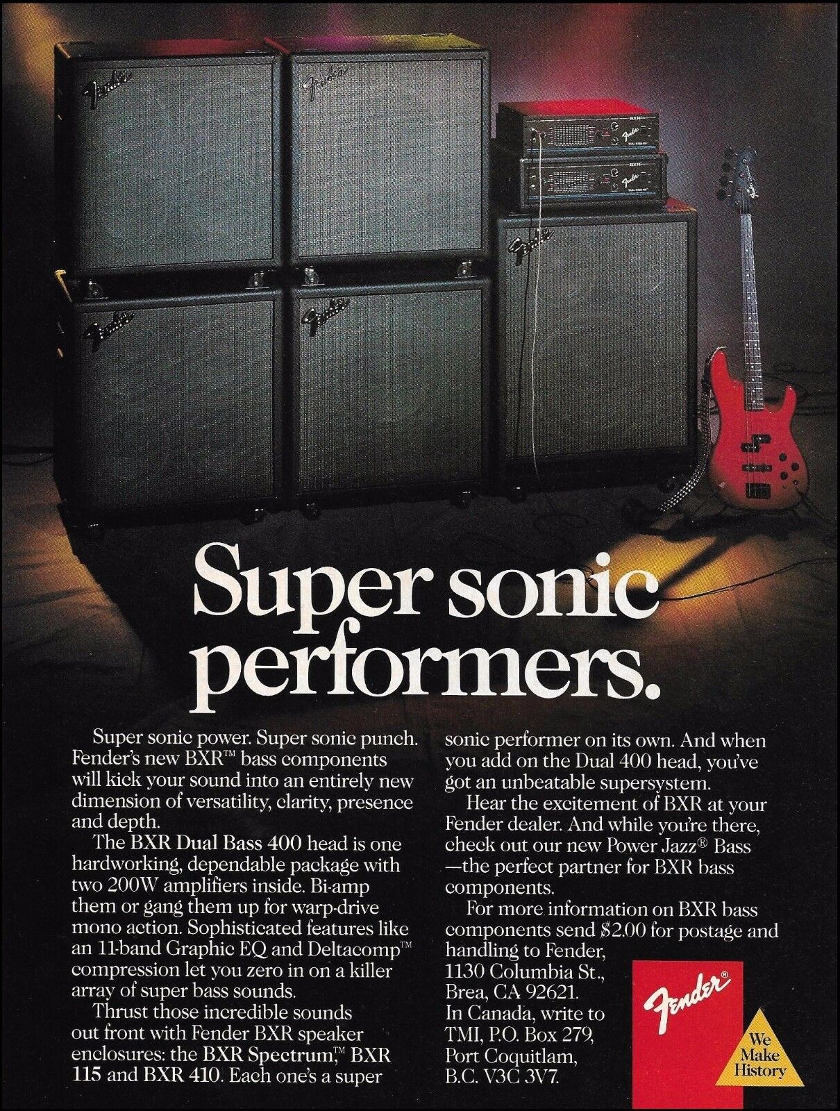 Fender BXR Series Bass Guitar Amp 1988 ad 8 x 11 amplifier advertisement print