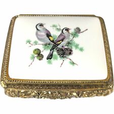 VTG Japanese Music Box Plays Mockingbird Ceramic Top Euro Goldfinches Gold Tone picture