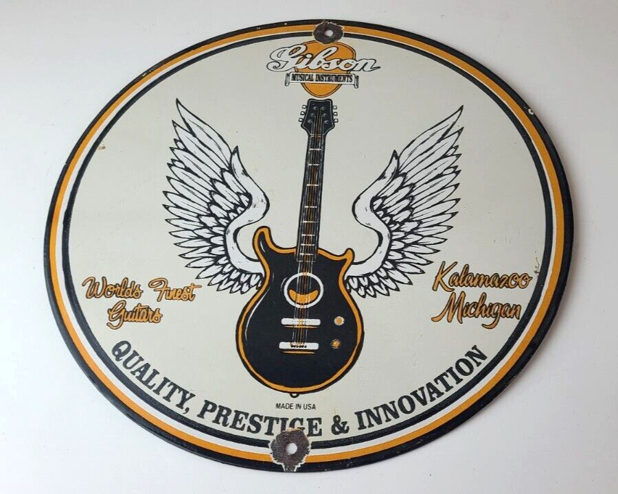 Vintage Gibson Guitars - Acoustic Electric Bass Store Porcelain Gas Station Sign