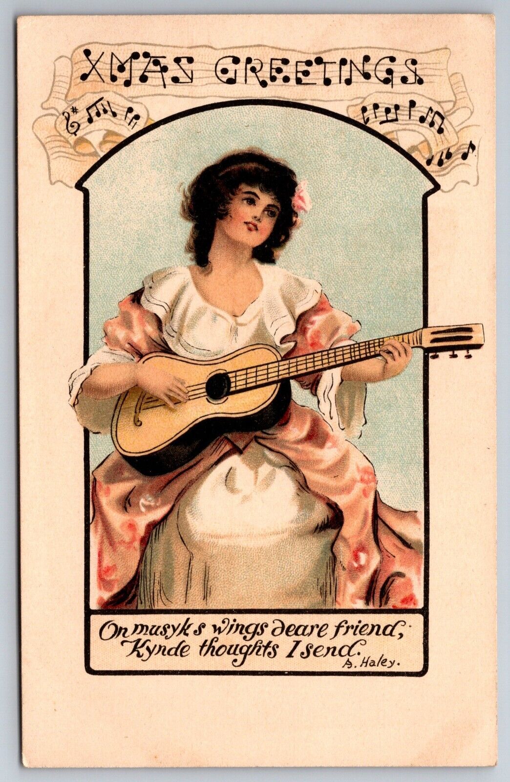Christmas Greetings Lady Guitar Music Victorian UDB Postcard