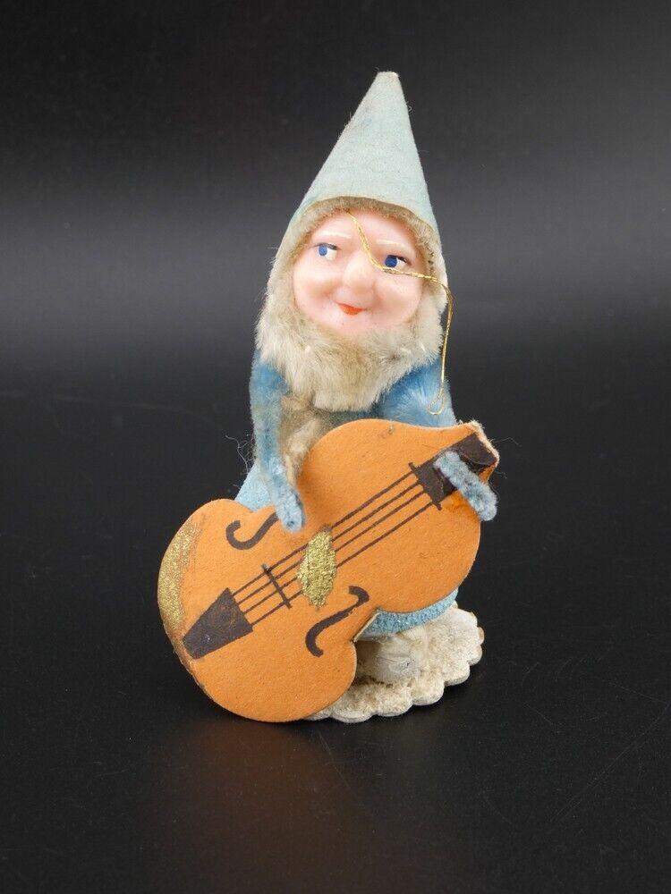 Vintage Christmas Putz Blue Elf with Chenille Trim and Guitar Japan