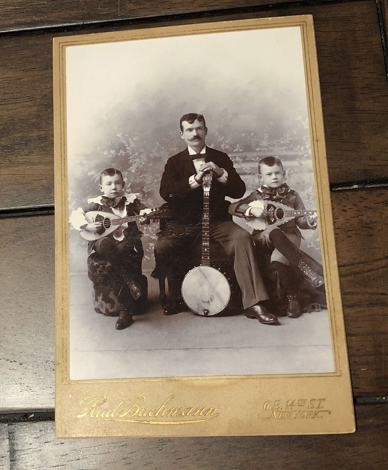 Antique Photo Father & Young Sons Musicians Music Group Playing Banjo & Guitars