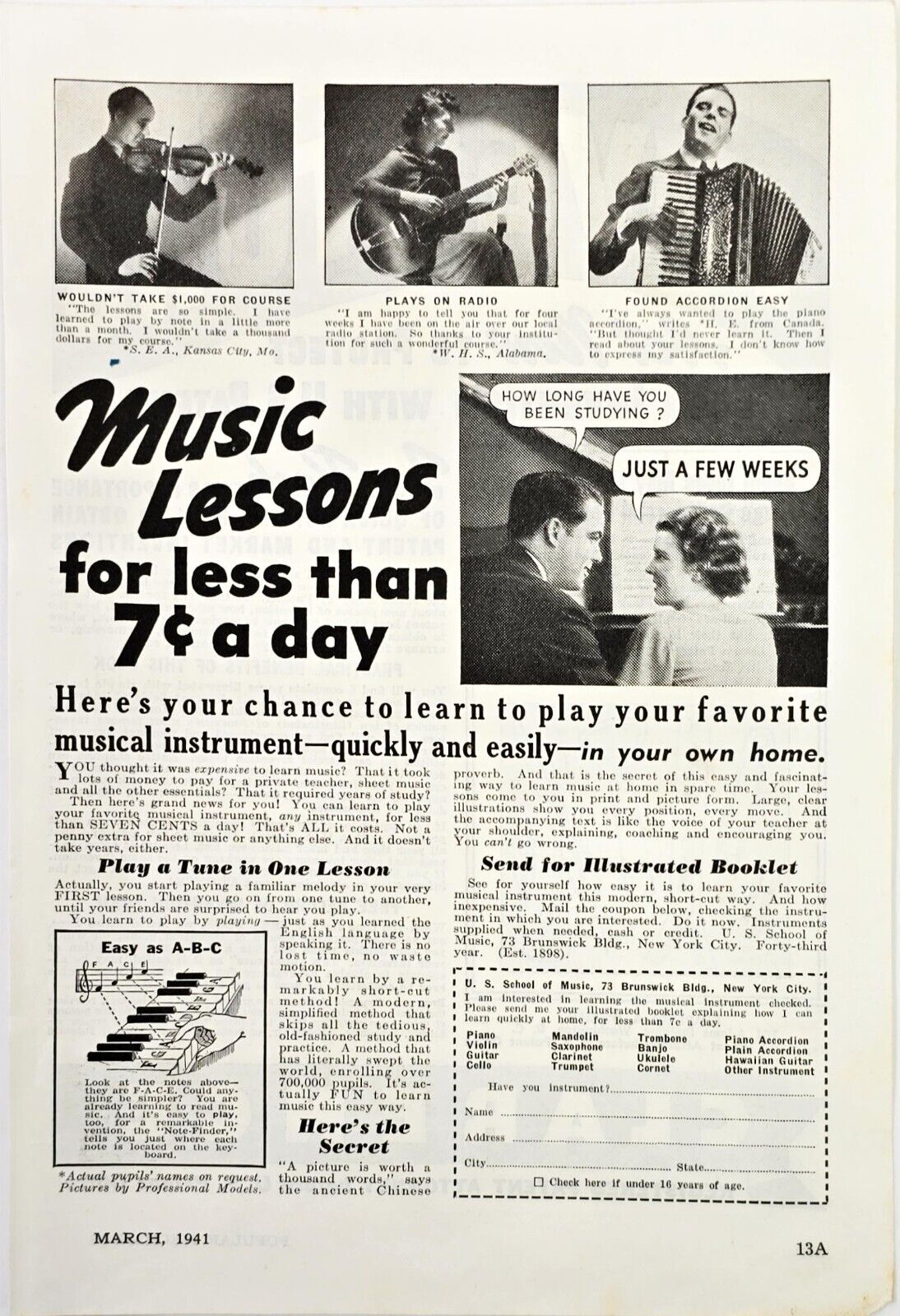 Music Lessons Violin Accordion Guitar Piano Print Ads 1941 6 1/4 X 9 1/4