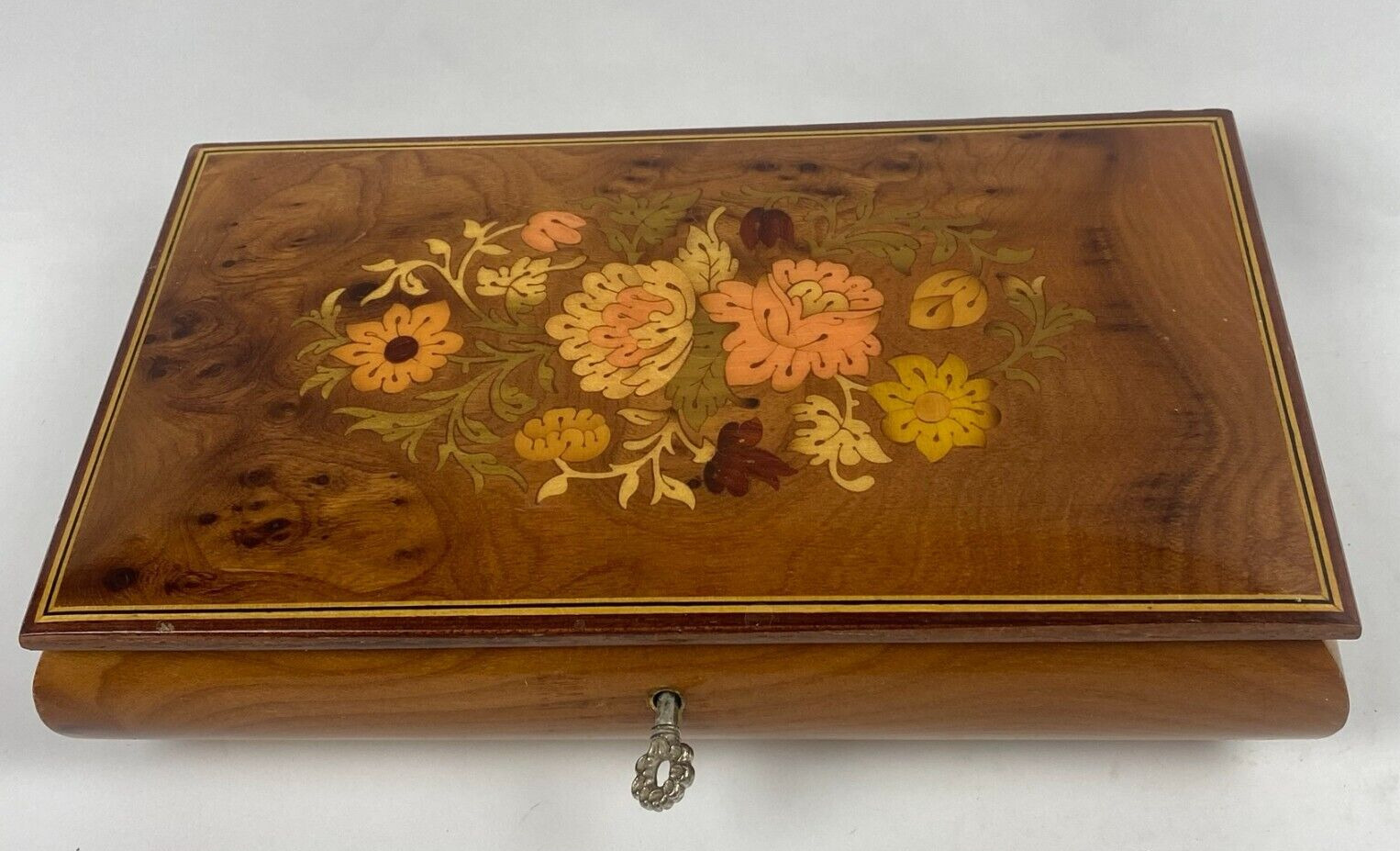 Vintage Inlaid Wood Floral Music Jewelry Box Lacquered Made in Italy See Video