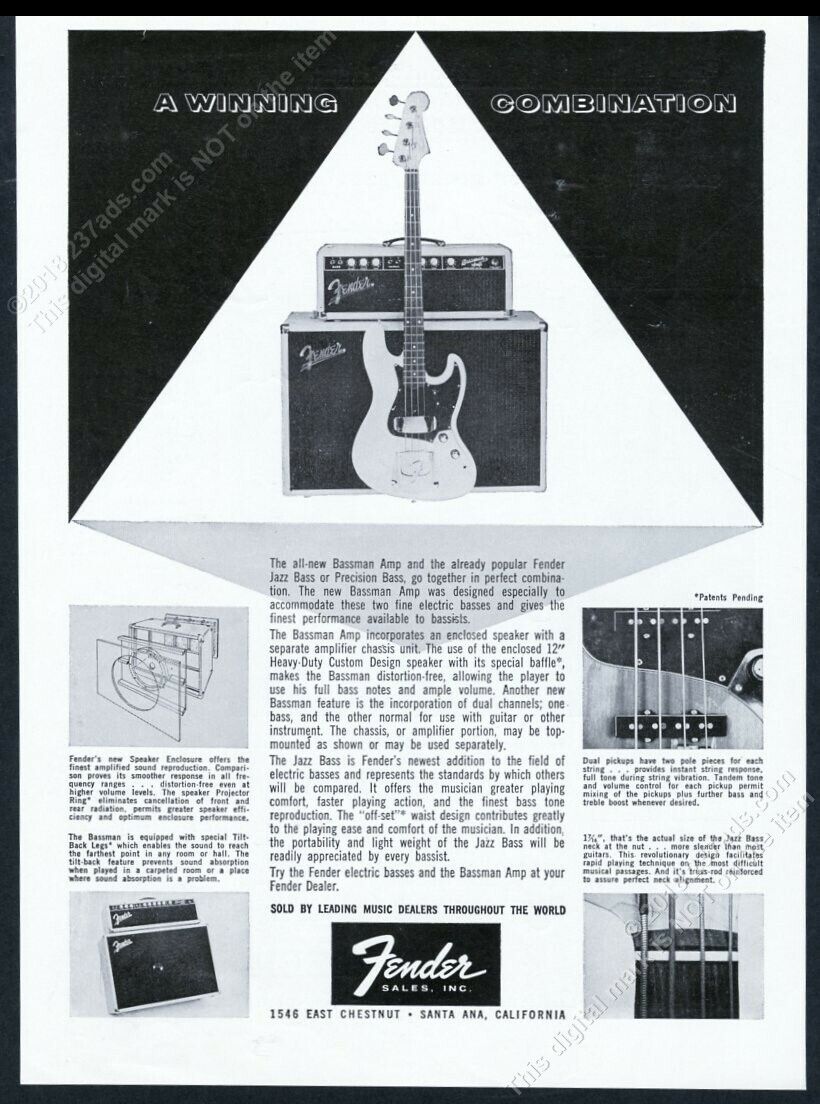 1961 Fender Jazz bass guitar Bassman amp photo vintage print ad