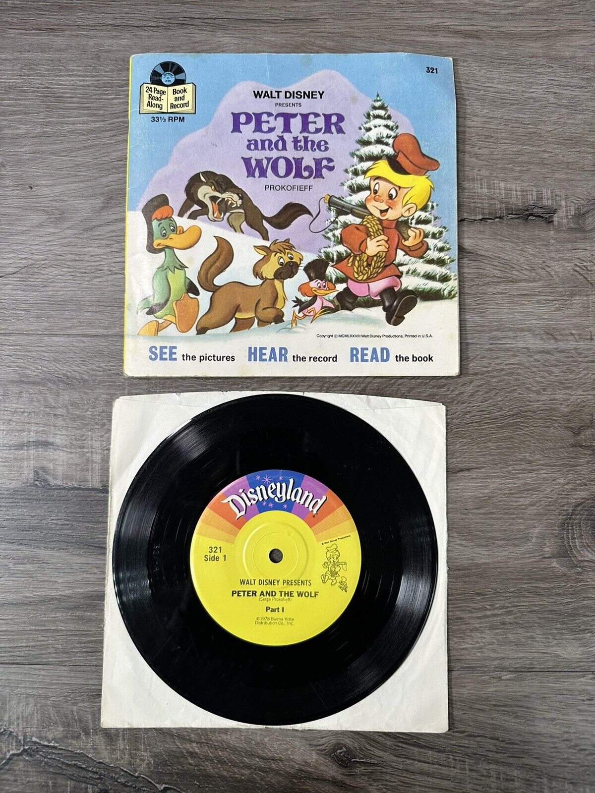 Vintage Peter and the Wolf, Walt Disney, Vinyl 45, Disneyland Records Read Along