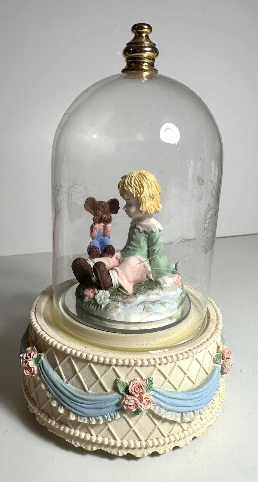 Music Box Vintage Ceramic 7in Glass Dome With Little Girl