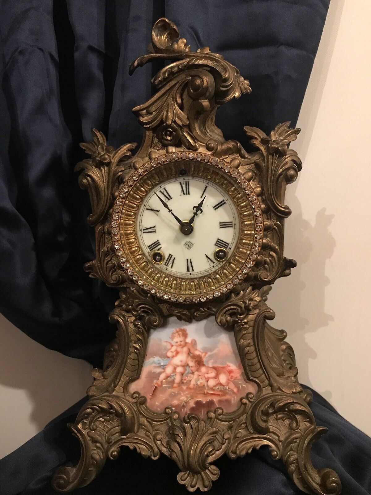 Antique 1900\'s Ansonia Clock Co NY Gilt Metal and Porcelain Panel Mantle Clock 