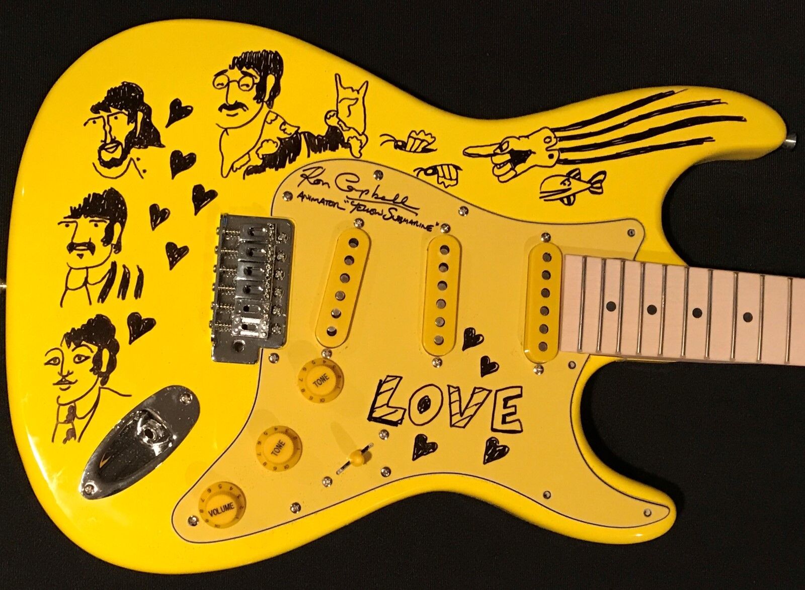 The Beatles Signed Guitar Yellow Submarine Ron Campbell Art Sketch McCartney +3