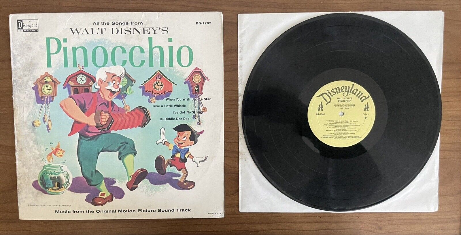 Walt Disney's Pinocchio Original Soundtrack Disneyland DQ 1202 Rare Vintage