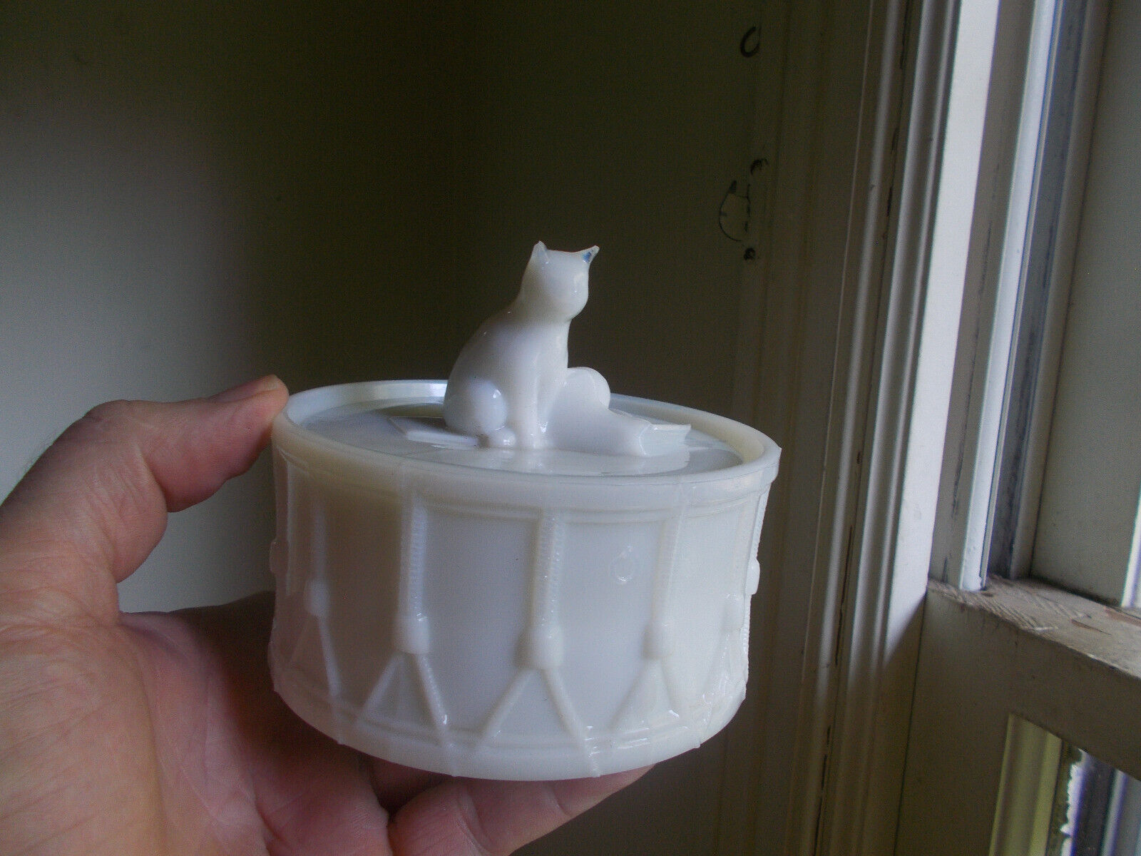 EARLY 1900 PORTIEUX SIGNED MILKGLASS CAT ON DRUM CANDY JAR FRENCH VALLERYSTHAL