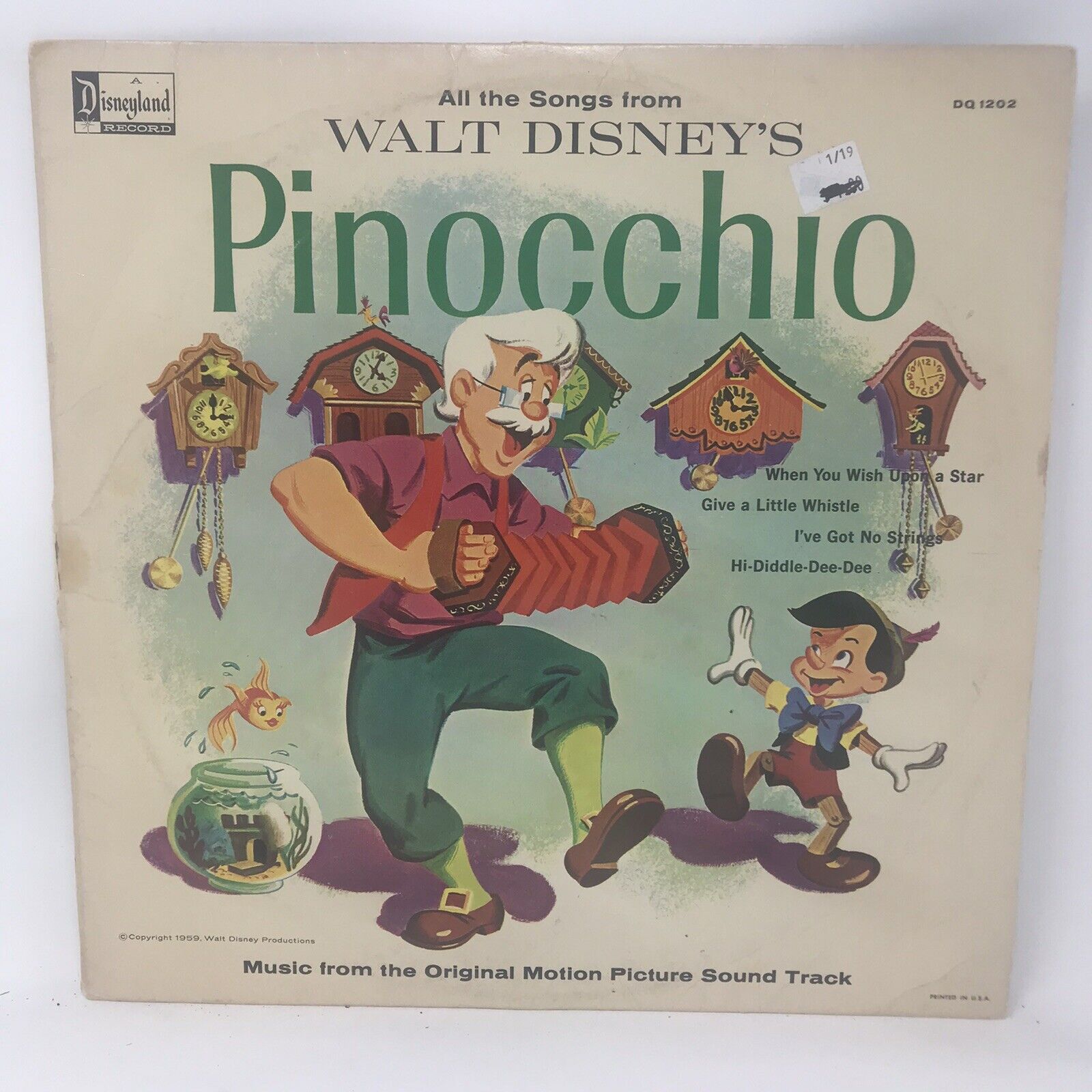 Walt Disney's Pinocchio LP Vinyl Record Original 1959 Disneyland DQ-1202 