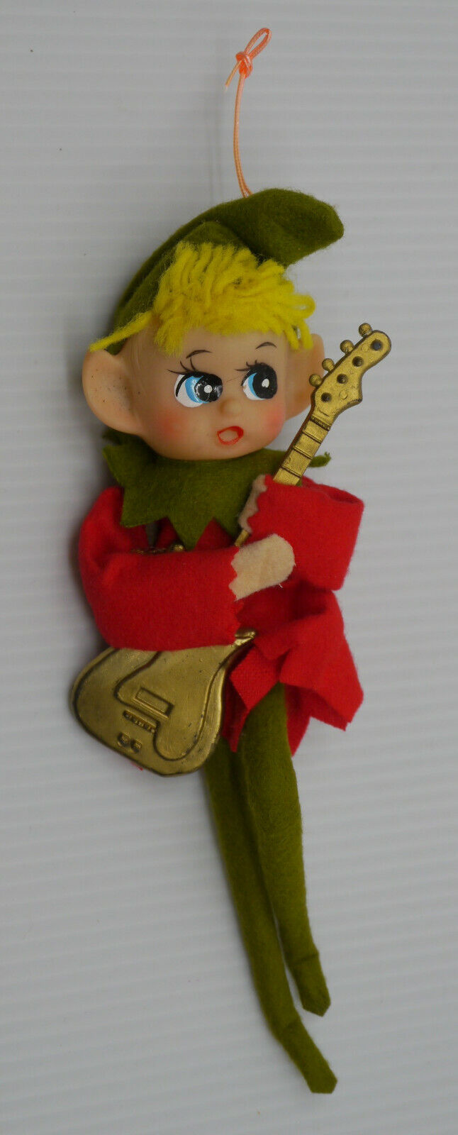 VINTAGE ELF, PIXIE WITH GUITAR CHRISTMAS ORNAMENT, FELT CLOTHING, MADE IN JAPAN