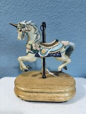 Vintage Painted Carousel Unicorn Music Box Wooden Stand 8