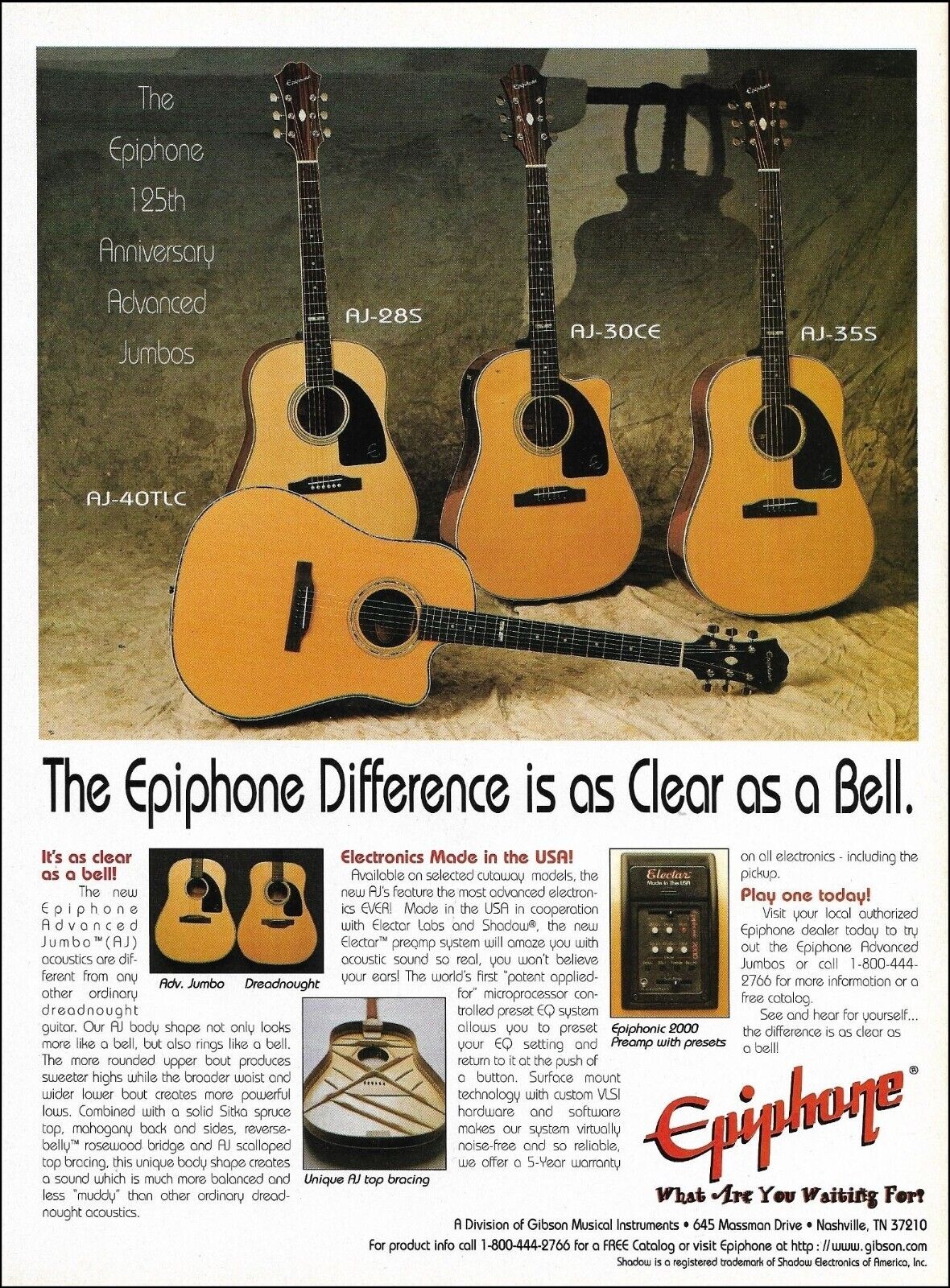 125th Anniversary Epiphone Advanced Jumbo AJ Series acoustic guitar ad print