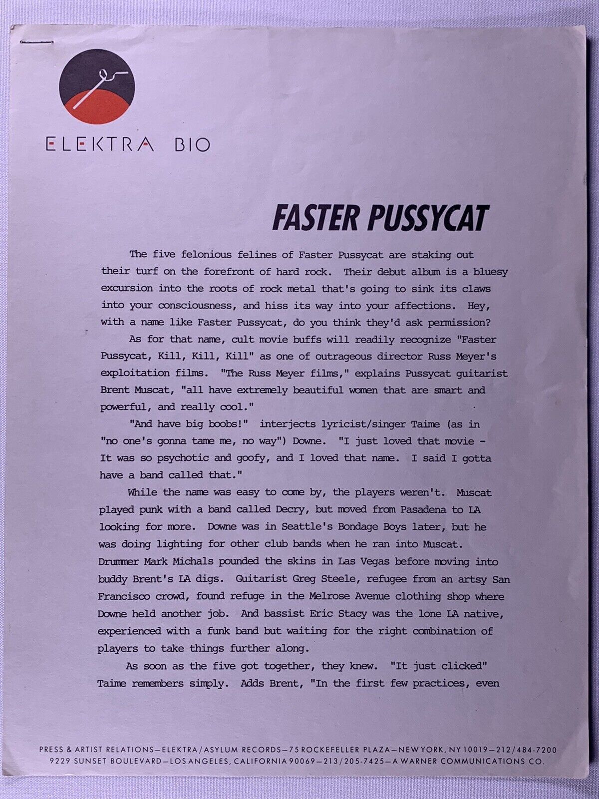Faster Pussycat Press Release Biography Original Vintage Elektra Promo 1987