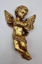 Vintage Angel Cherub Harp Playing Wall Decor Metallic Gold Heavy Resin Accent picture