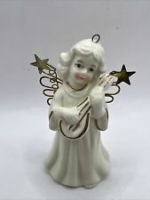 Vintage Angel Bell White With Gold Trim Metal Wings Holding Guitar picture