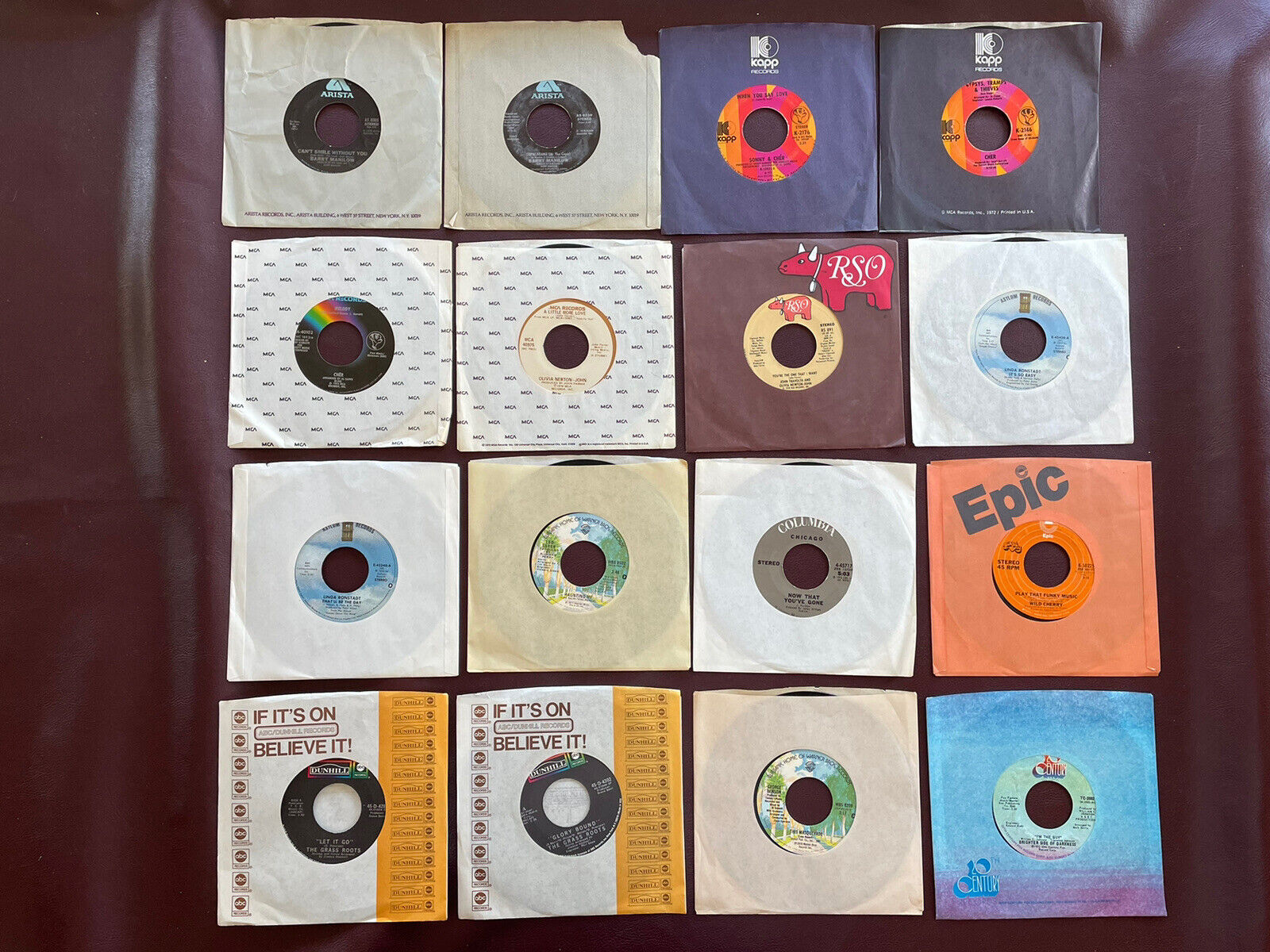 (16) Vintage 45RPM RECORDS Vinyl BARRY MANILOW Linda Ronstadt CHER Olivia Newton