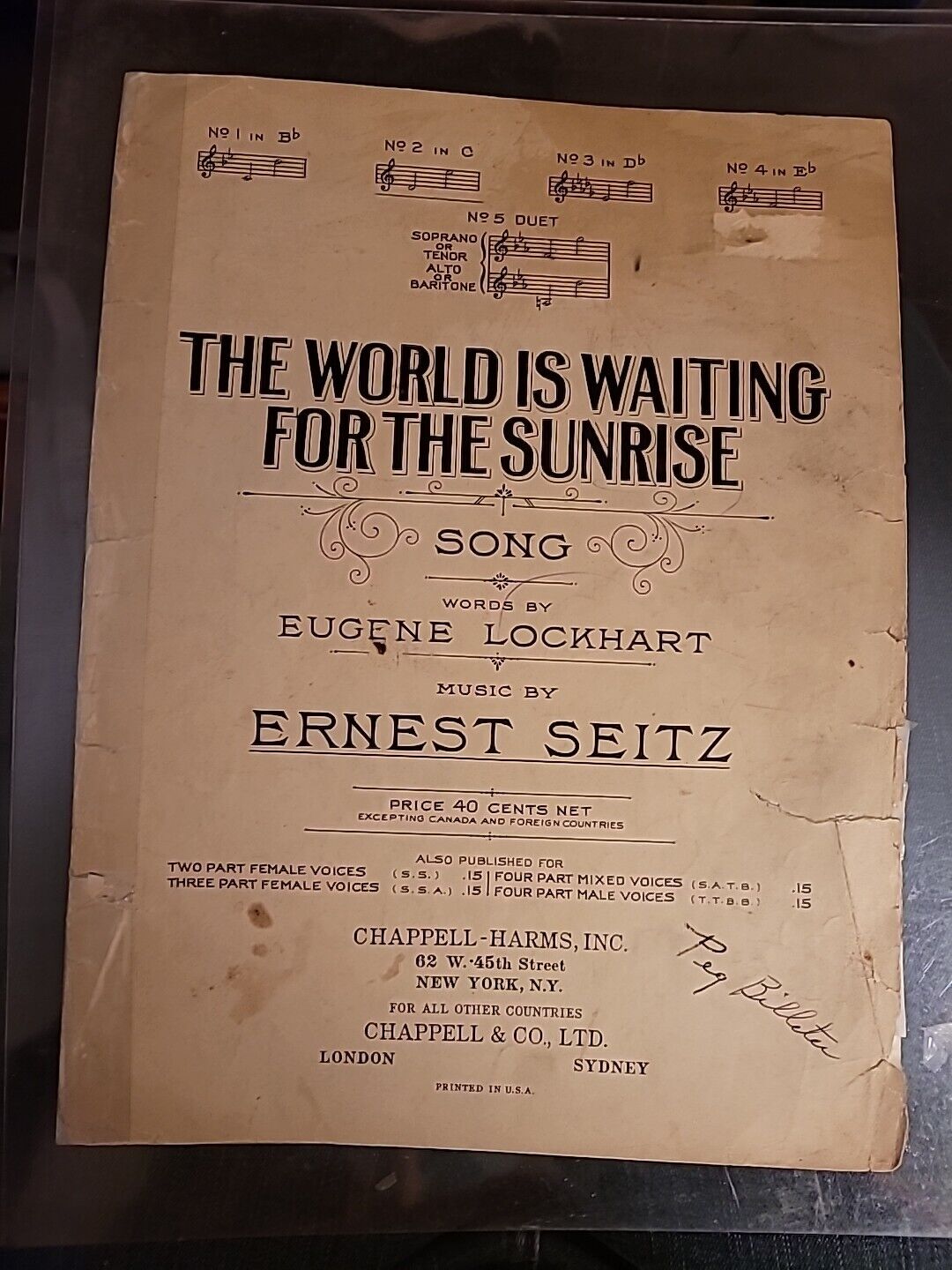 1919 THE WORLD IS WAITING FOR THE SUNRISE SHEET MUSIC CHAPPELL & CO No 2 C SM1