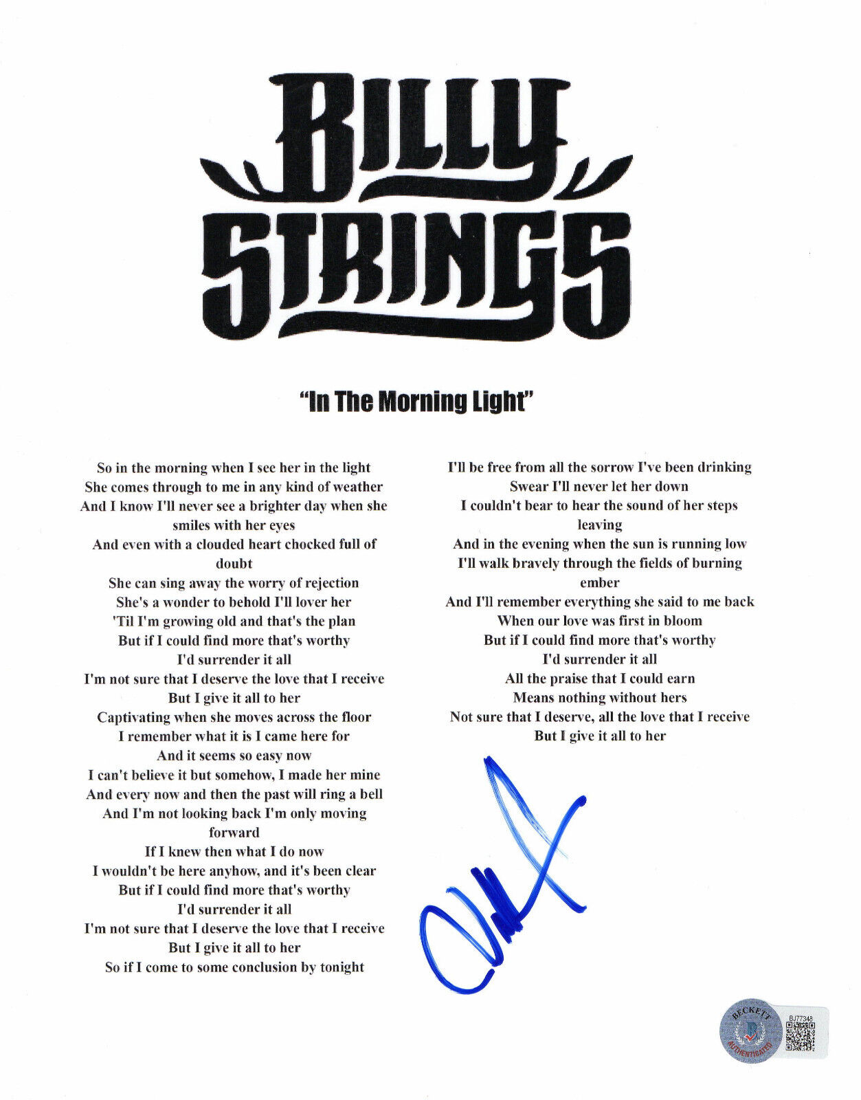 BILLY STRINGS SIGNED AUTOGRAPH I THE MORNING LIGHT MUSIC SHEET BECKETT BAS CHIC