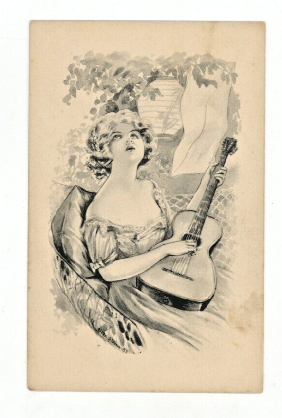 Vintage Postcard  WOMAN WITH GUITAR   DRAWING UNPOSTED