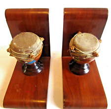 1-PAIR OF BOOKENDS-HAITIAN HAND CARVED WOODEN BONGO DRUMS-REAL ANIMAL SKIN COVER picture