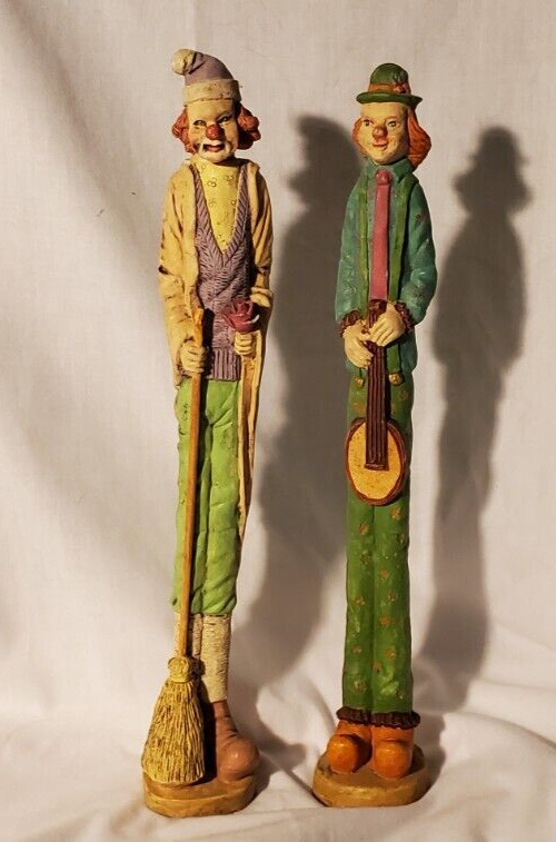 Clowns Tall Thin w Broom Banjo Figurines Resin 12\'\' Lot Of 2 Windsor Collection 