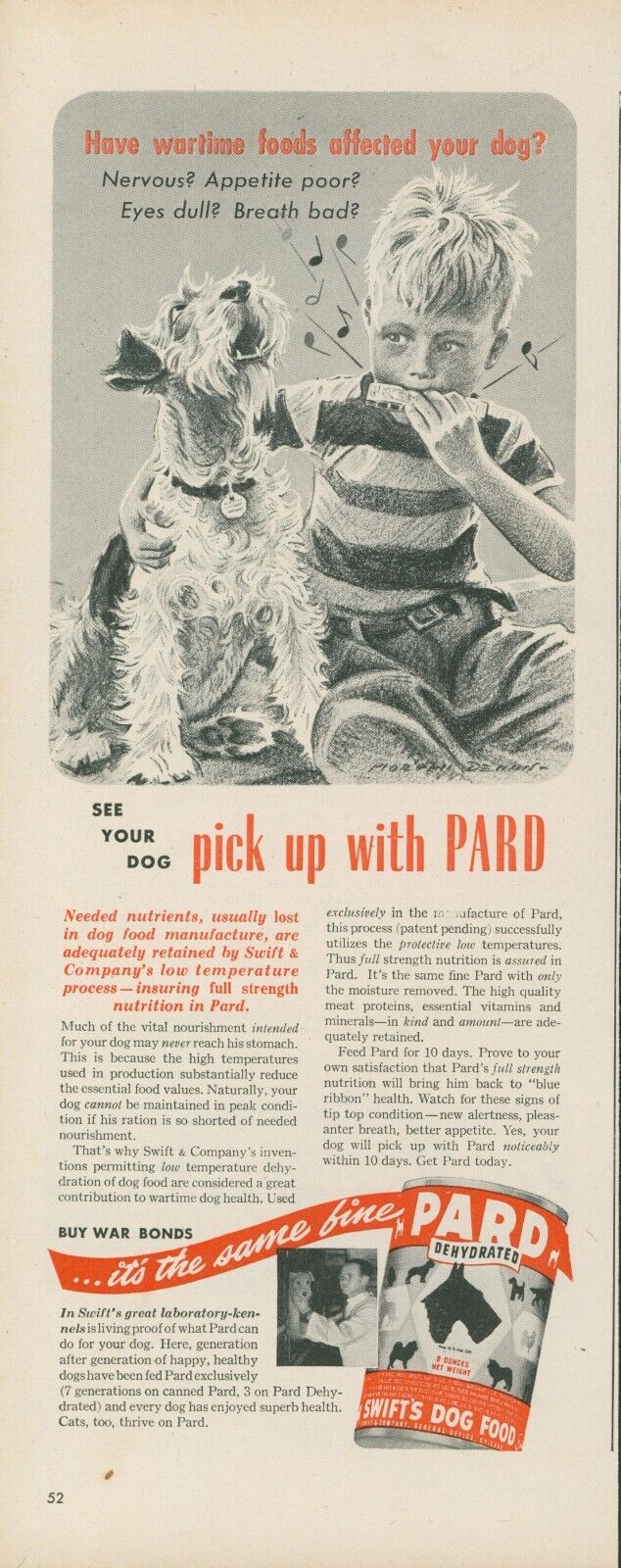 1945 PARD Dog Food  Fox Terrier Dog Boy Harmonica Buy War Bonds Vtg Print Ad L21