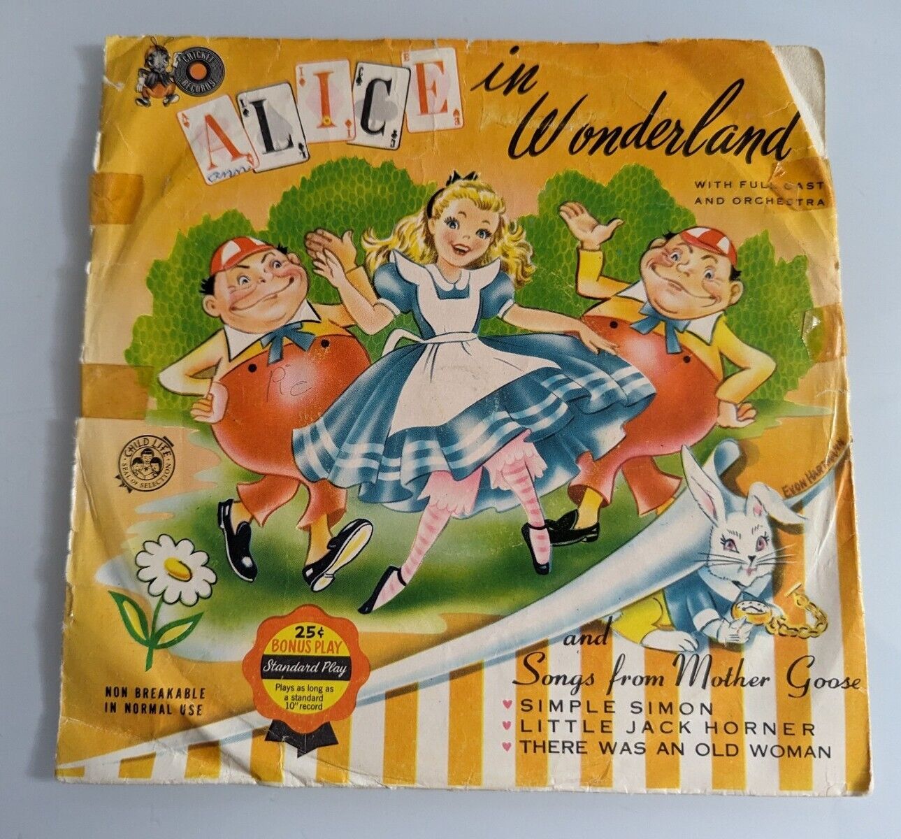 Vintage 1953 Disney Alice In Wonderland 45 Rare Record & Sleeve Cricket Kids