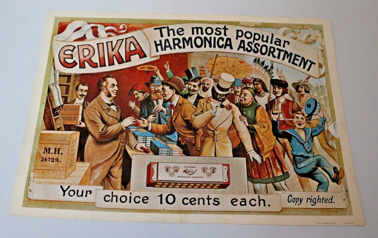 M. Hohner Harmonicas Vintage Litho Poster 12X17 Lithograph 1972 Erika Assortment