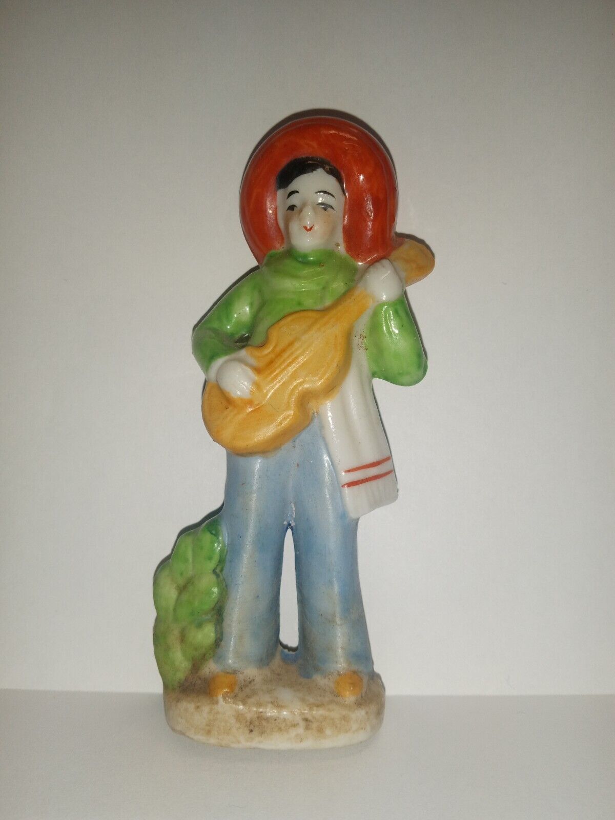 Vintage Porcelain Figurine Mexican Boy Playing Guitar Wearing Sombrero & Serape