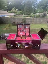 Vintage BLACK lacquer WOOD 2 DRAWER pink VELVET Asian MUSIC dancer JEWELRY box picture
